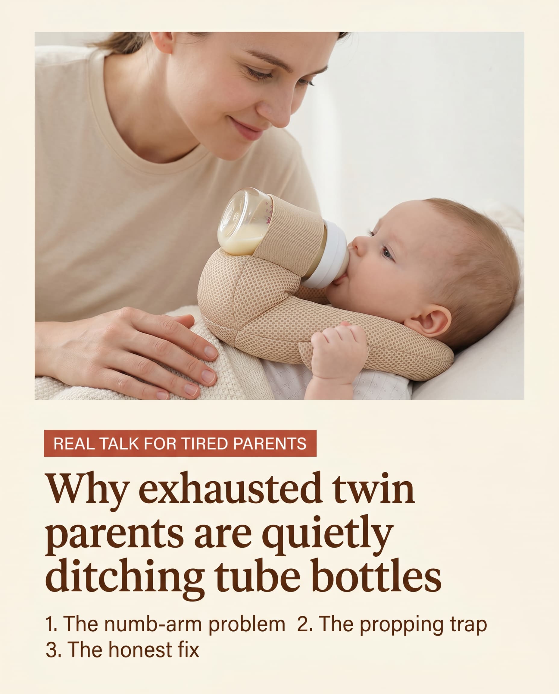 A parent feeding a baby supported by the FeedNest, with the headline about why tired parents are moving on from tube bottles.