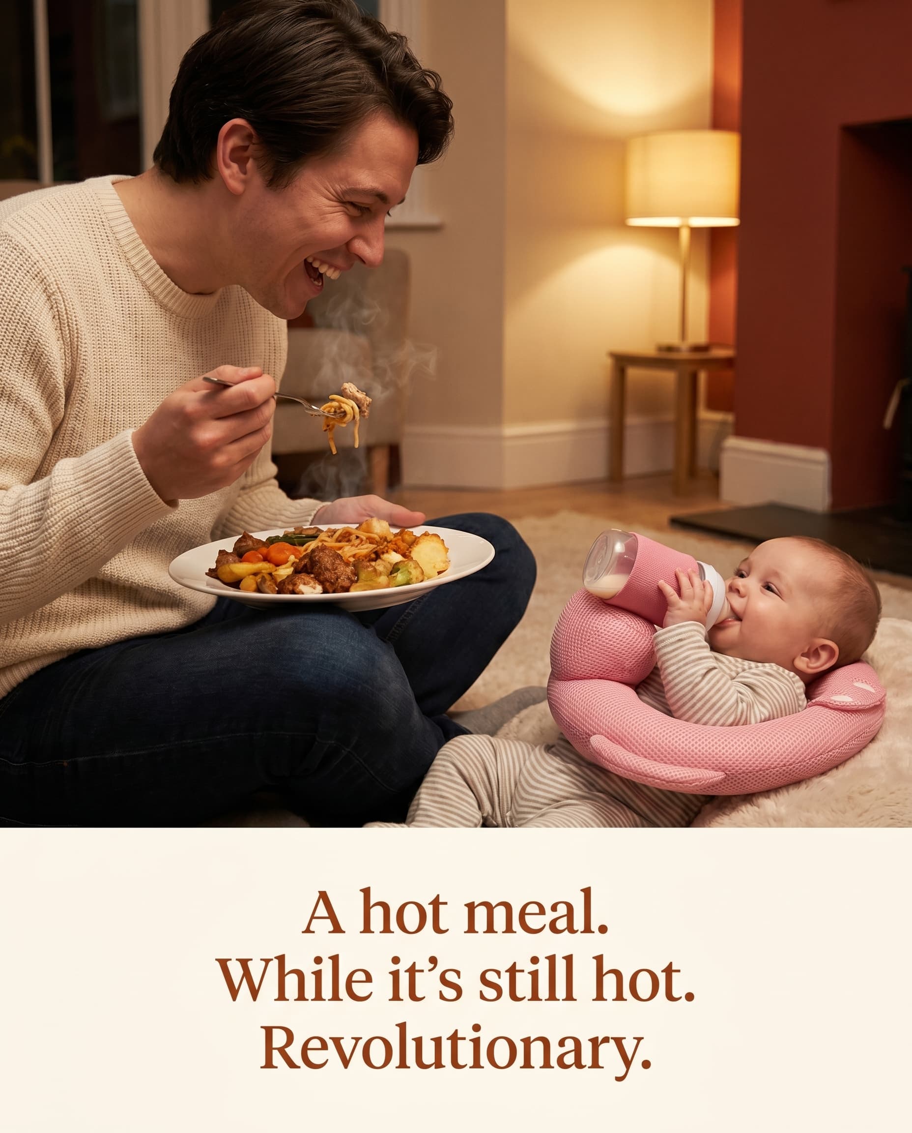 A parent enjoying a hot plate of food while the baby feeds beside him, supported by the FeedNest.