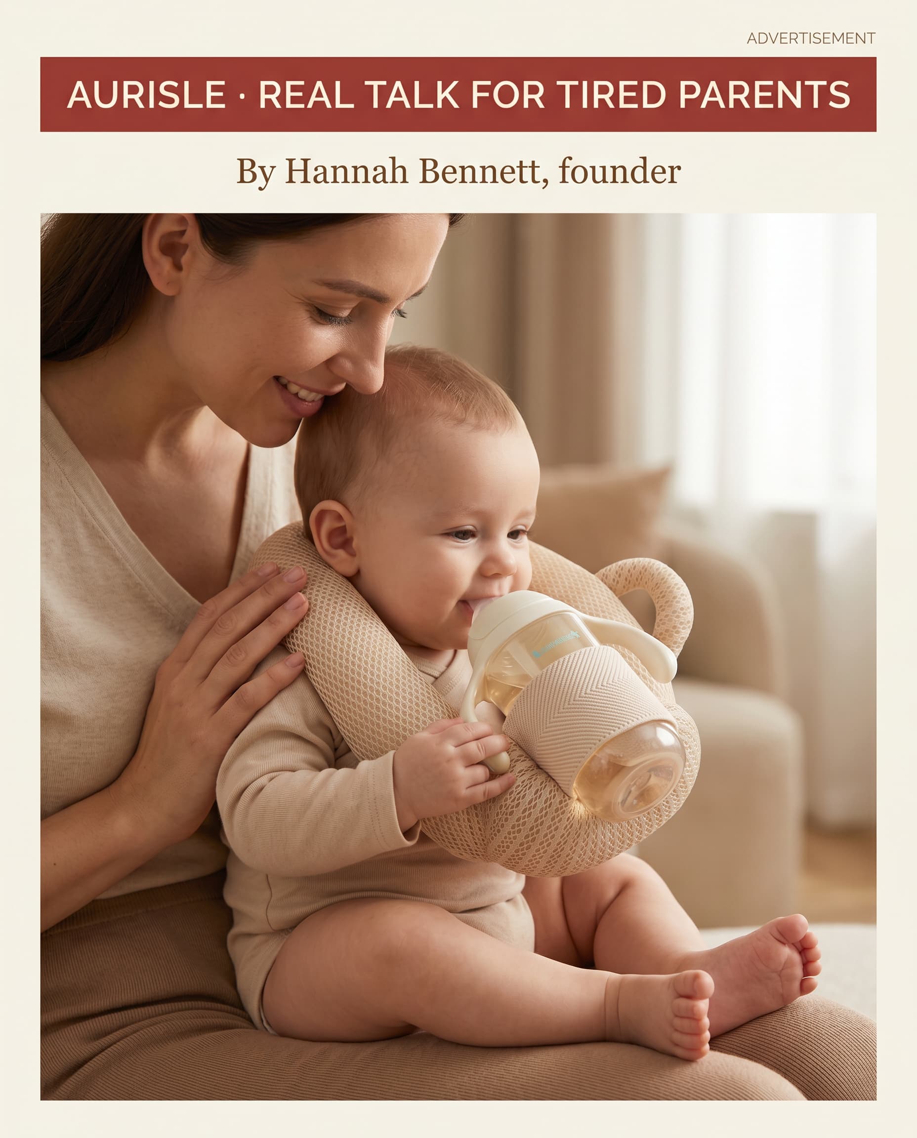 A baby gripping the soft handles of the FeedNest with both hands during a feed.