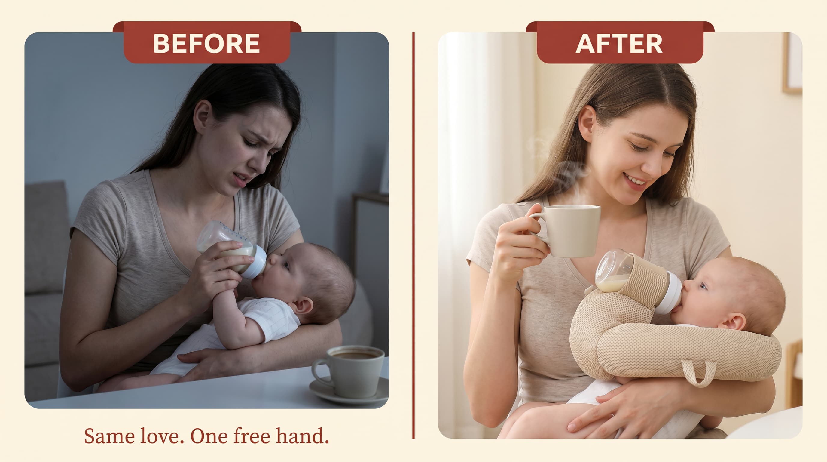 Before and after: a tired parent feeding by hand versus the same parent relaxed with one free hand thanks to the FeedNest.
