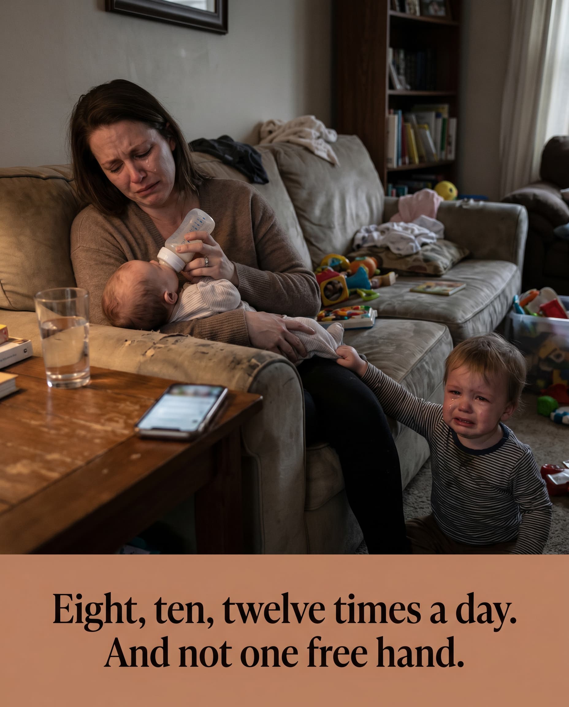 An exhausted parent in tears feeding a baby with no free hand while a toddler cries beside her.