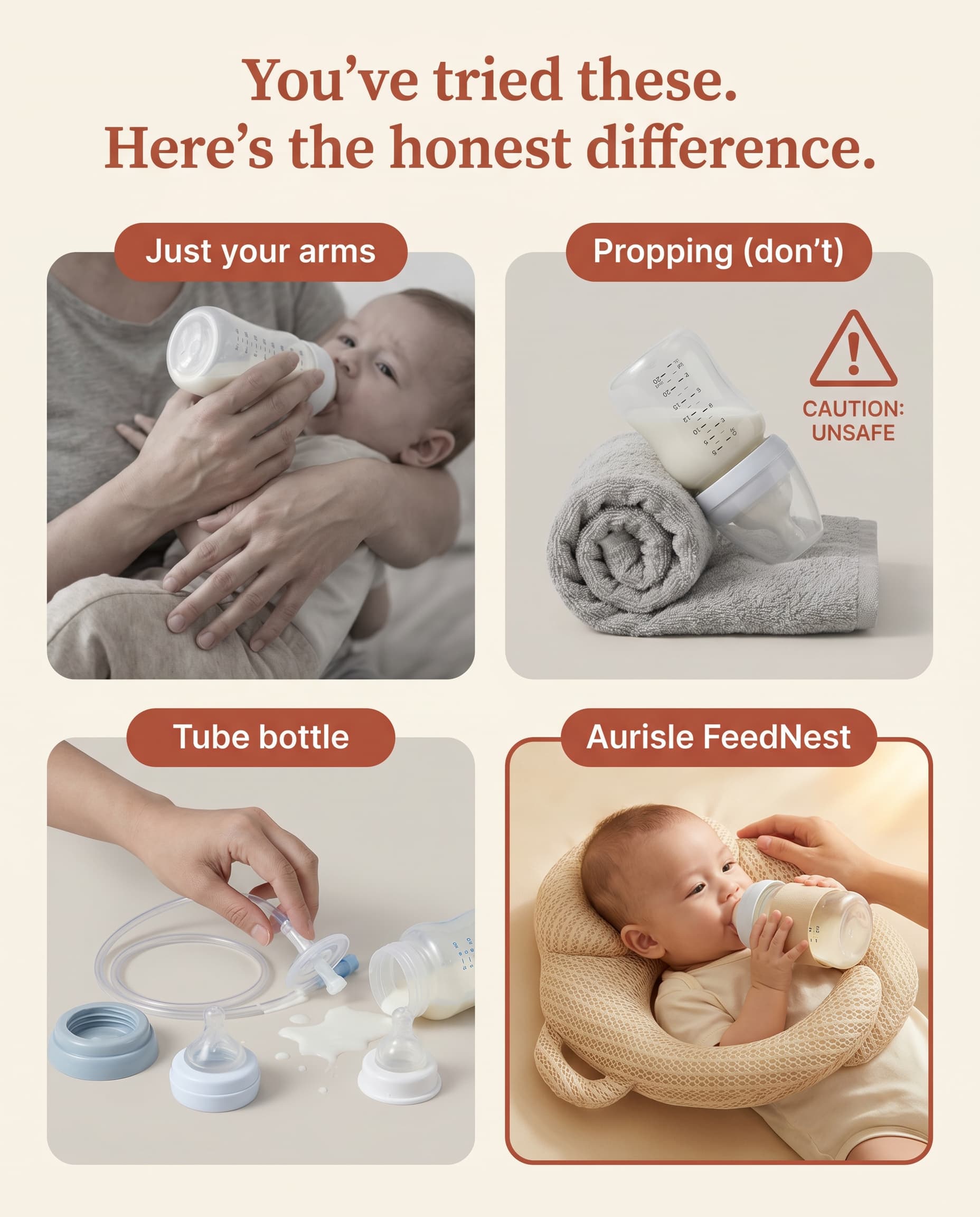 A comparison of feeding methods: just your arms, propping (unsafe), a tube bottle, and the Aurisle FeedNest.