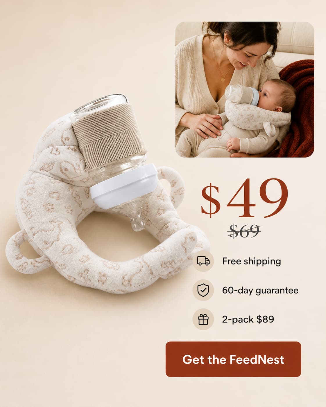 The Aurisle FeedNest product with pricing: $49, free shipping, 60-day guarantee, 2-pack $89.