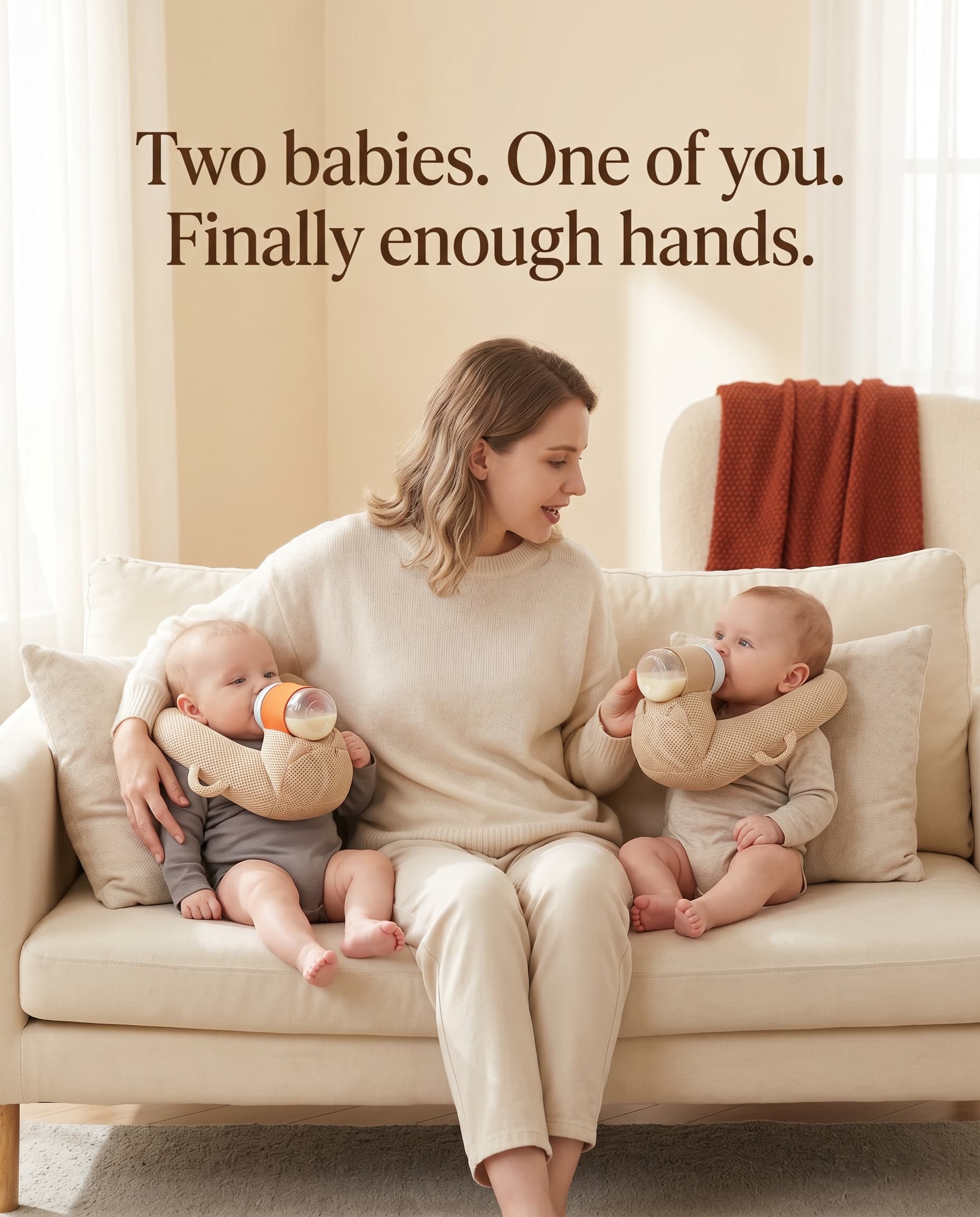 A parent on a sofa feeding twins at once, each baby supported by its own FeedNest.