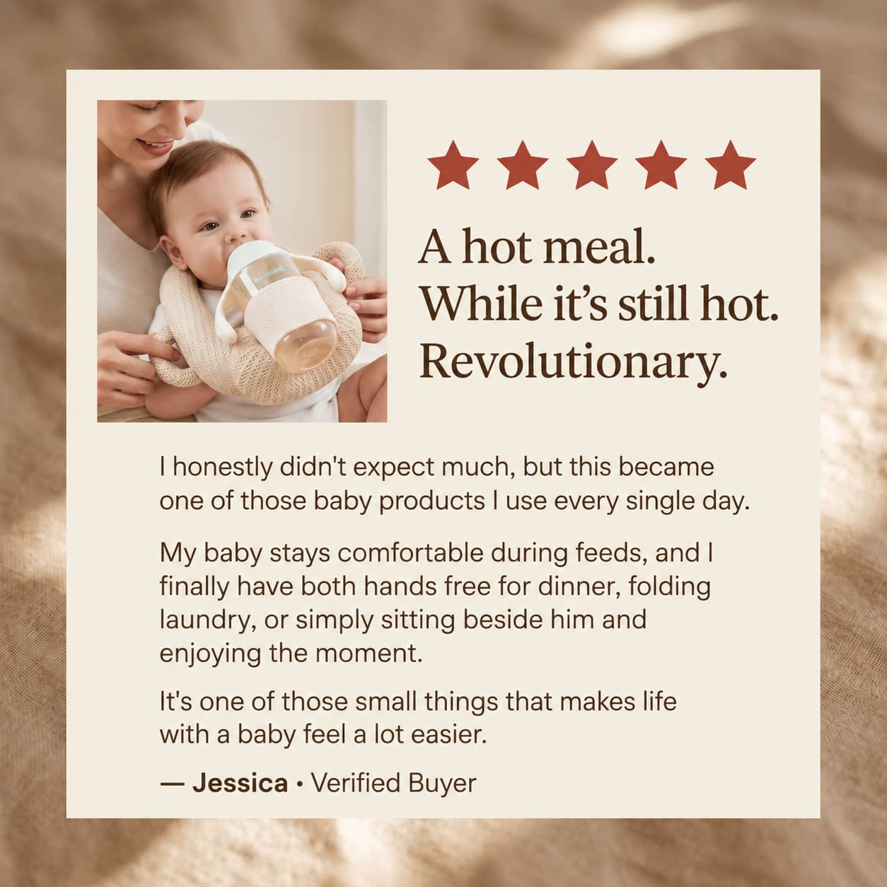 A five-star customer review from Jessica, a verified buyer, praising being able to eat a hot meal during feeds.